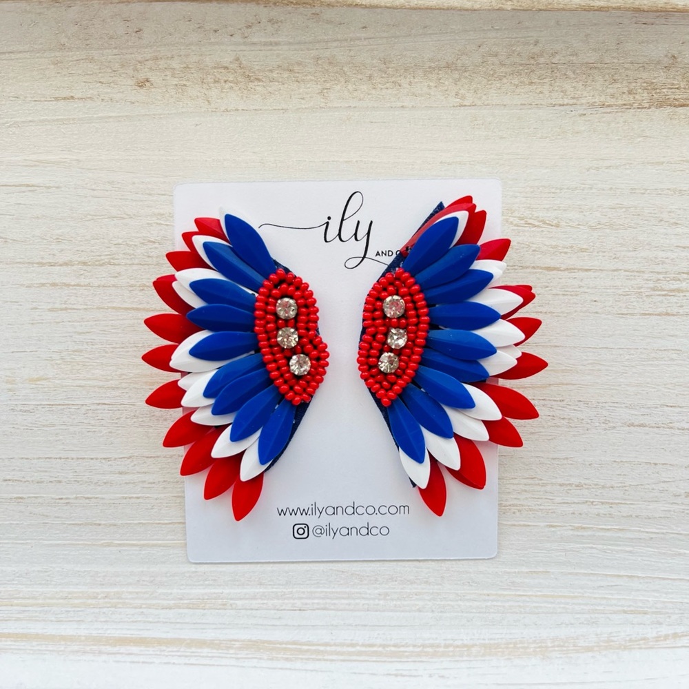 NEW Red White and Blue Wing Sequin Earrings | Lightweight | Boutique | USA